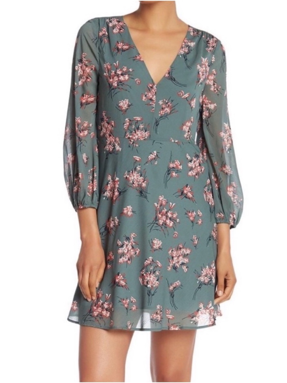 Madewell Marguerite Green Floral Long Sleeve Mini Dress V Neck Women’s Size 0